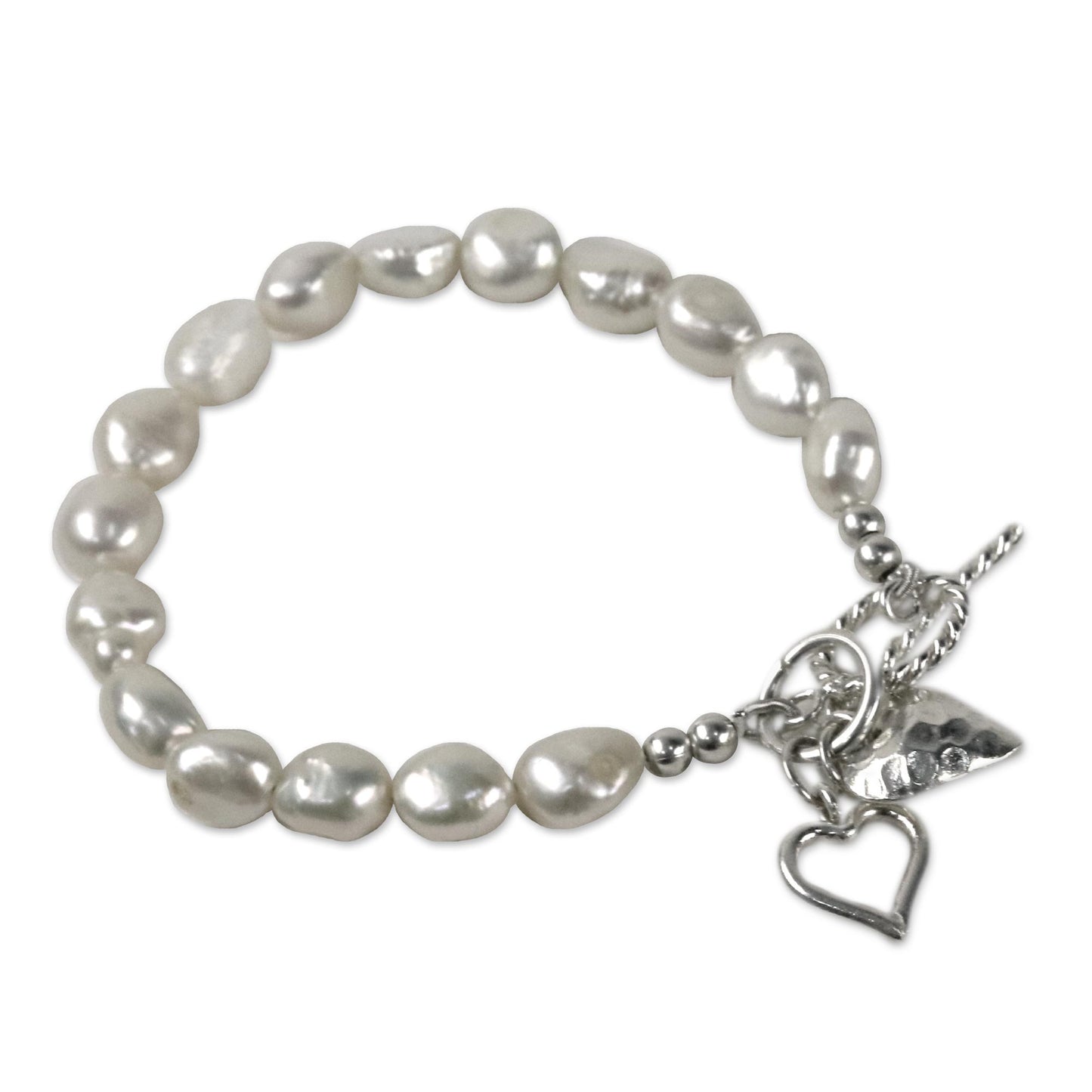 Promising Love Cultured Pearl Beaded Heart Charm Bracelet from Thailand