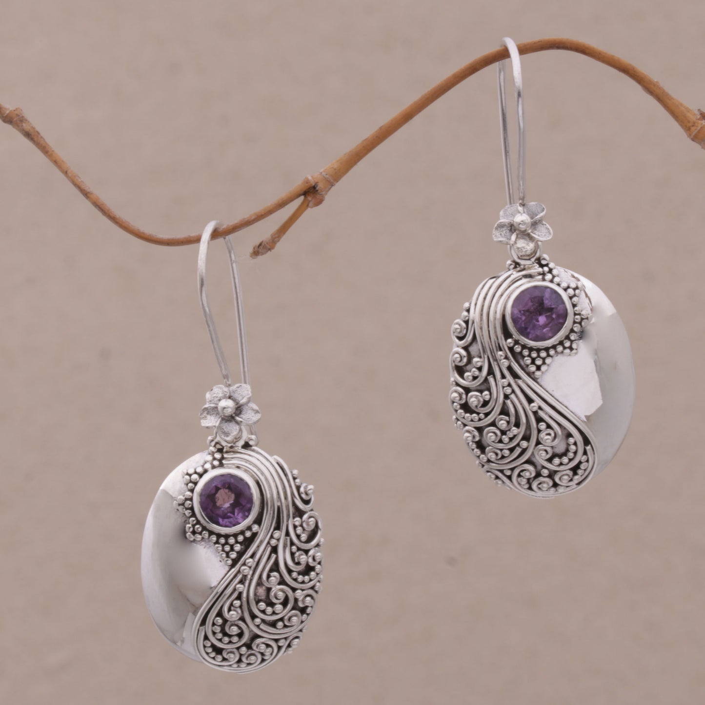 Spiral Garden Amethyst and Sterling Silver Floral Dangle Earrings