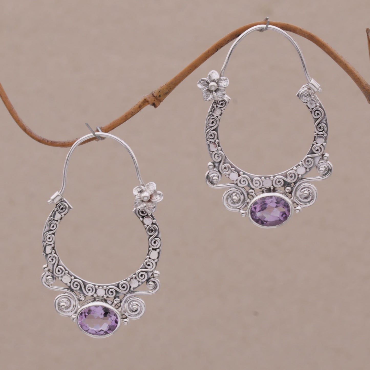 Spiral Arches Amethyst & Silver Hoop Earrings