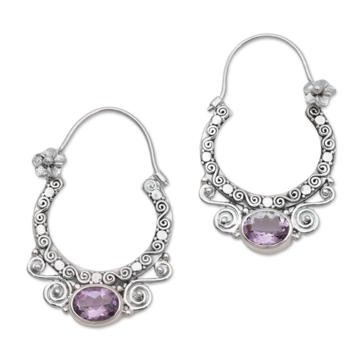 Spiral Arches Amethyst & Silver Hoop Earrings