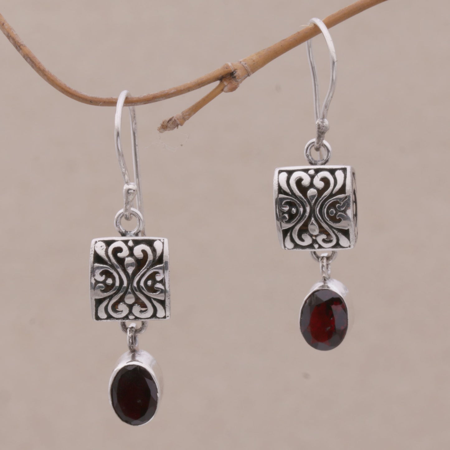 Red Horizon Sterling Silver and Garnet Dangle Earrings from Bali