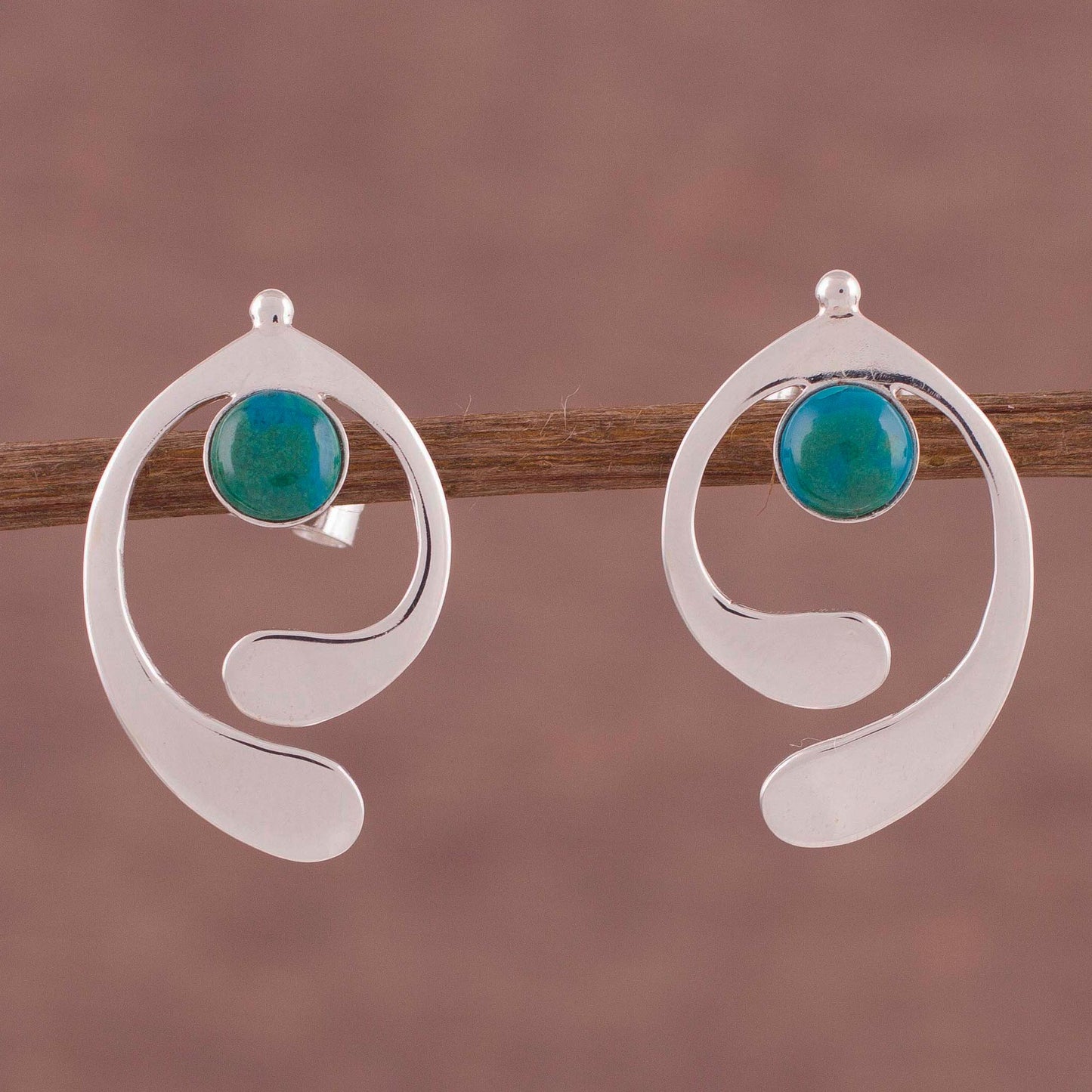 Caress of an Angel Chrysocolla and Sterling Silver Drop Earrings from Peru