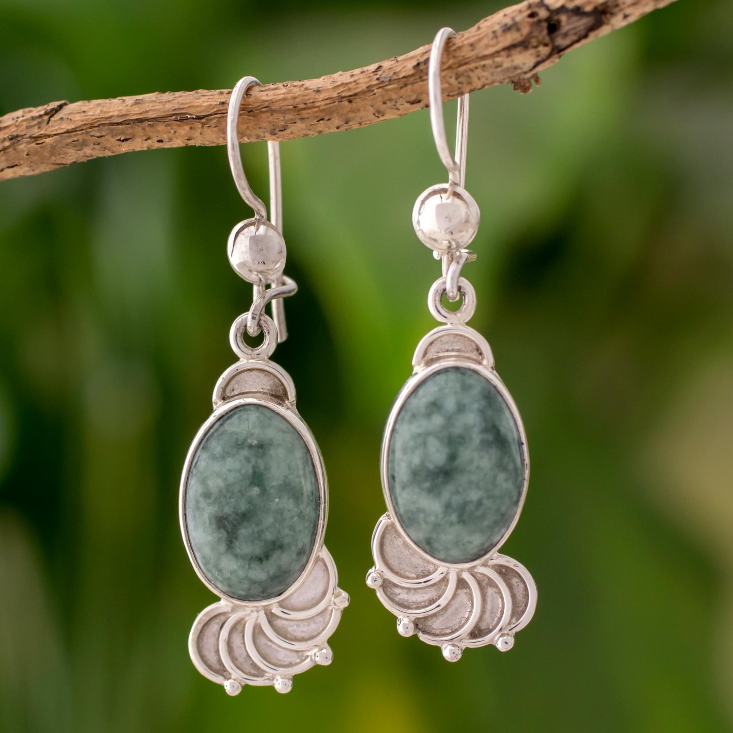 Siren Song Jade Sterling Silver Oval Dangle Earrings from Guatemala