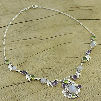 Luminous Beauty Sterling Silver and Multigem Pendant Necklace from India