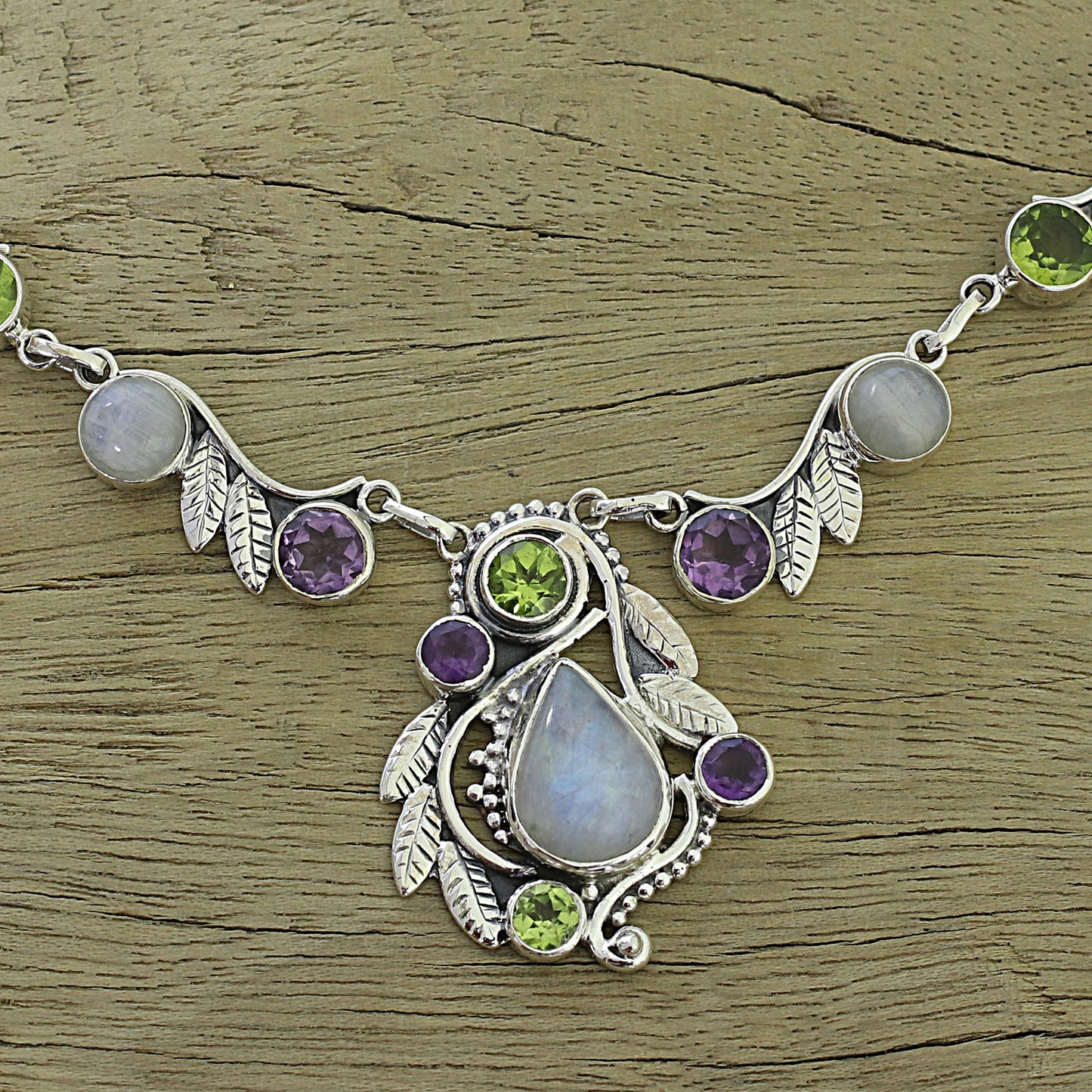 Luminous Beauty Sterling Silver and Multigem Pendant Necklace from India