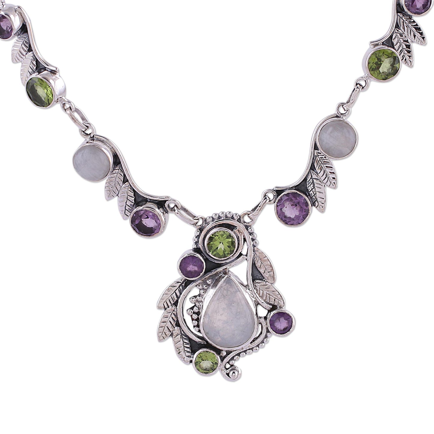 Luminous Beauty Sterling Silver and Multigem Pendant Necklace from India