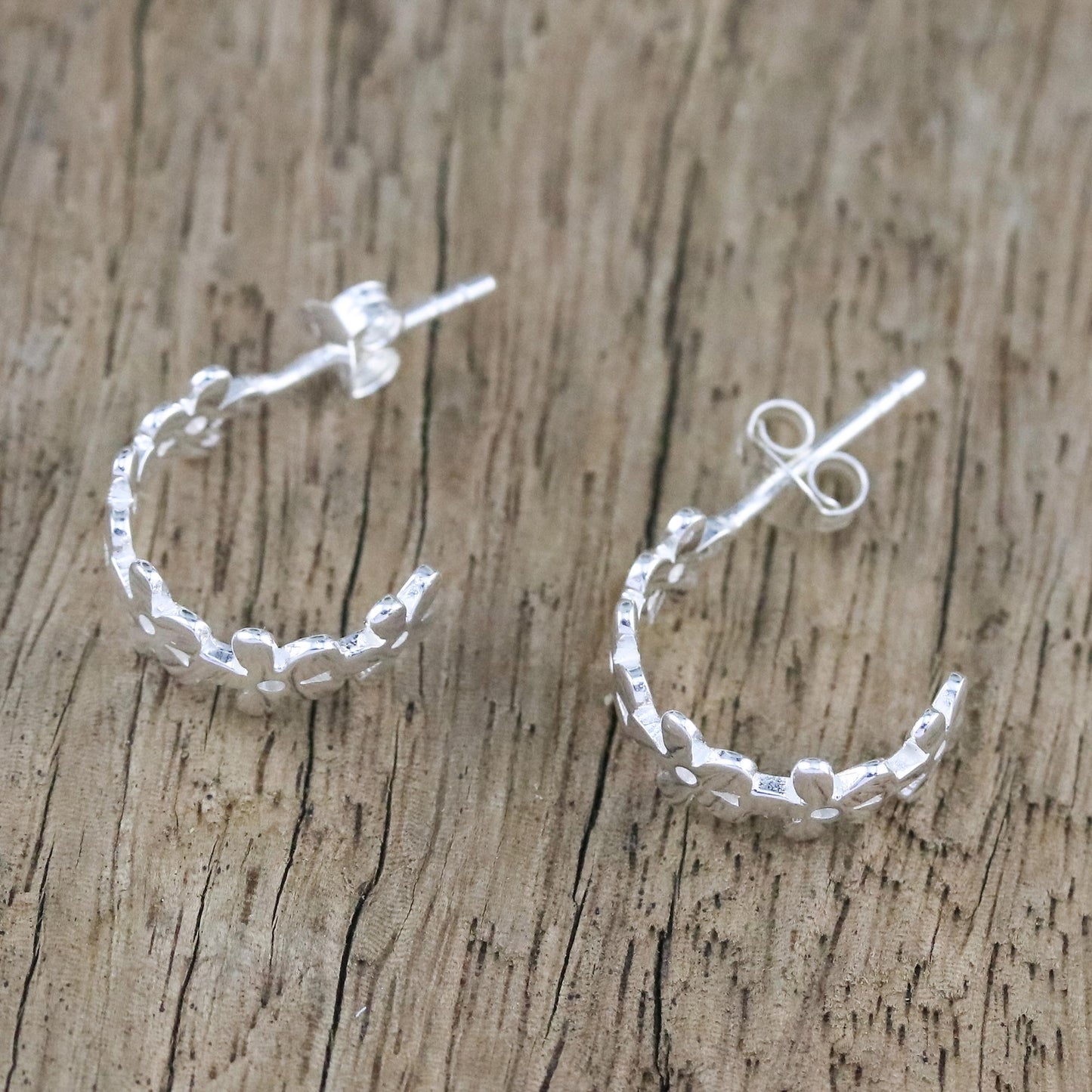 Wondrous Blossoms Handcrafted Sterling Silver Floral Half-Hoop Earrings