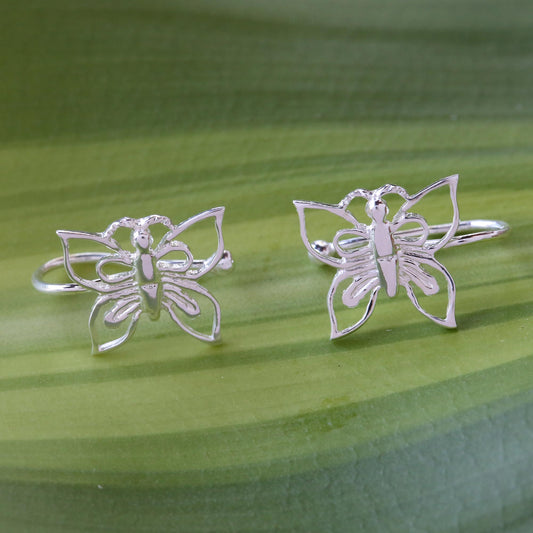 Demure Butterflies 925 Silver Butterfly Ear Cuffs Artisan Crafted in Thailand