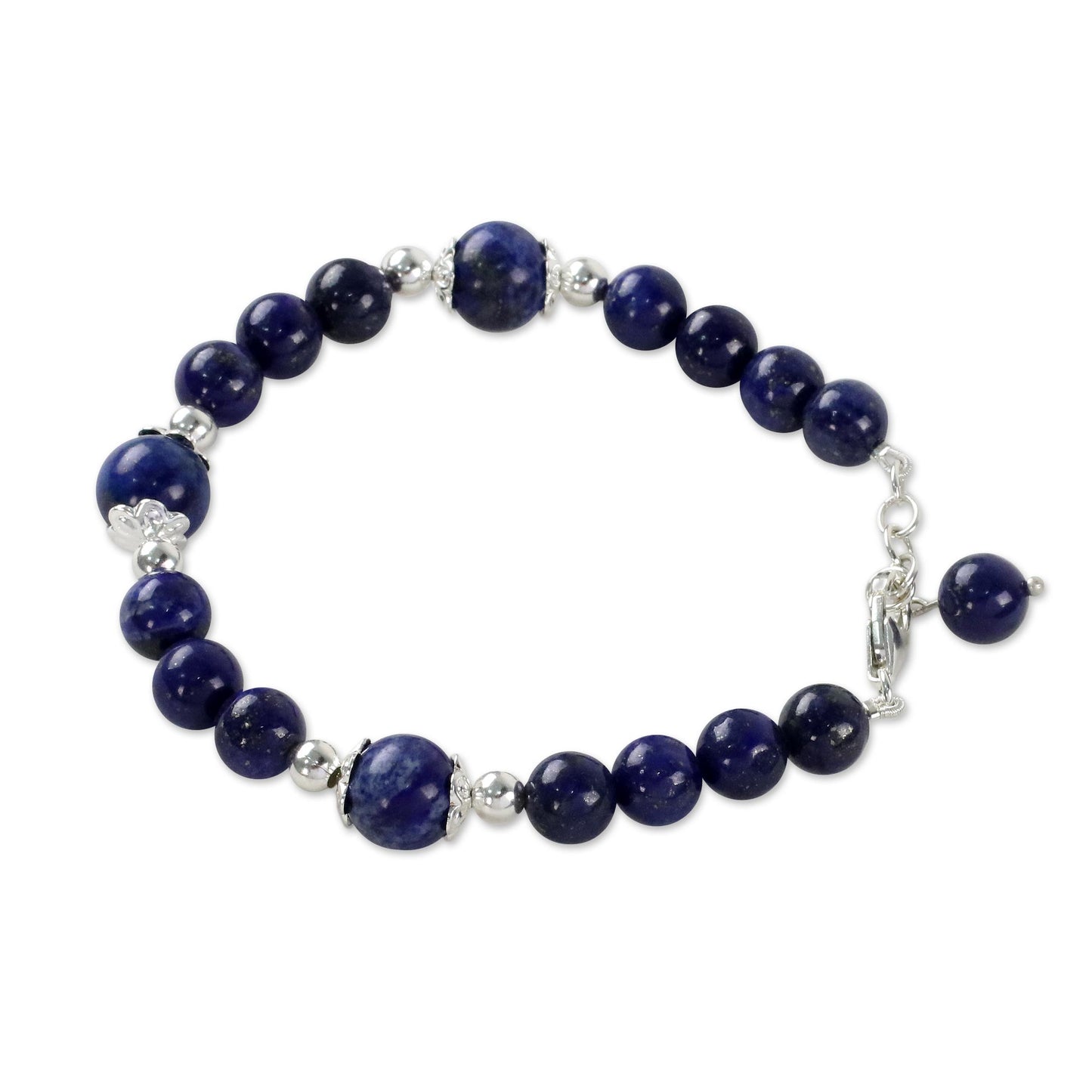 Floral Deep Thai Lapis Lazuli and Sterling Silver Beaded Bracelet