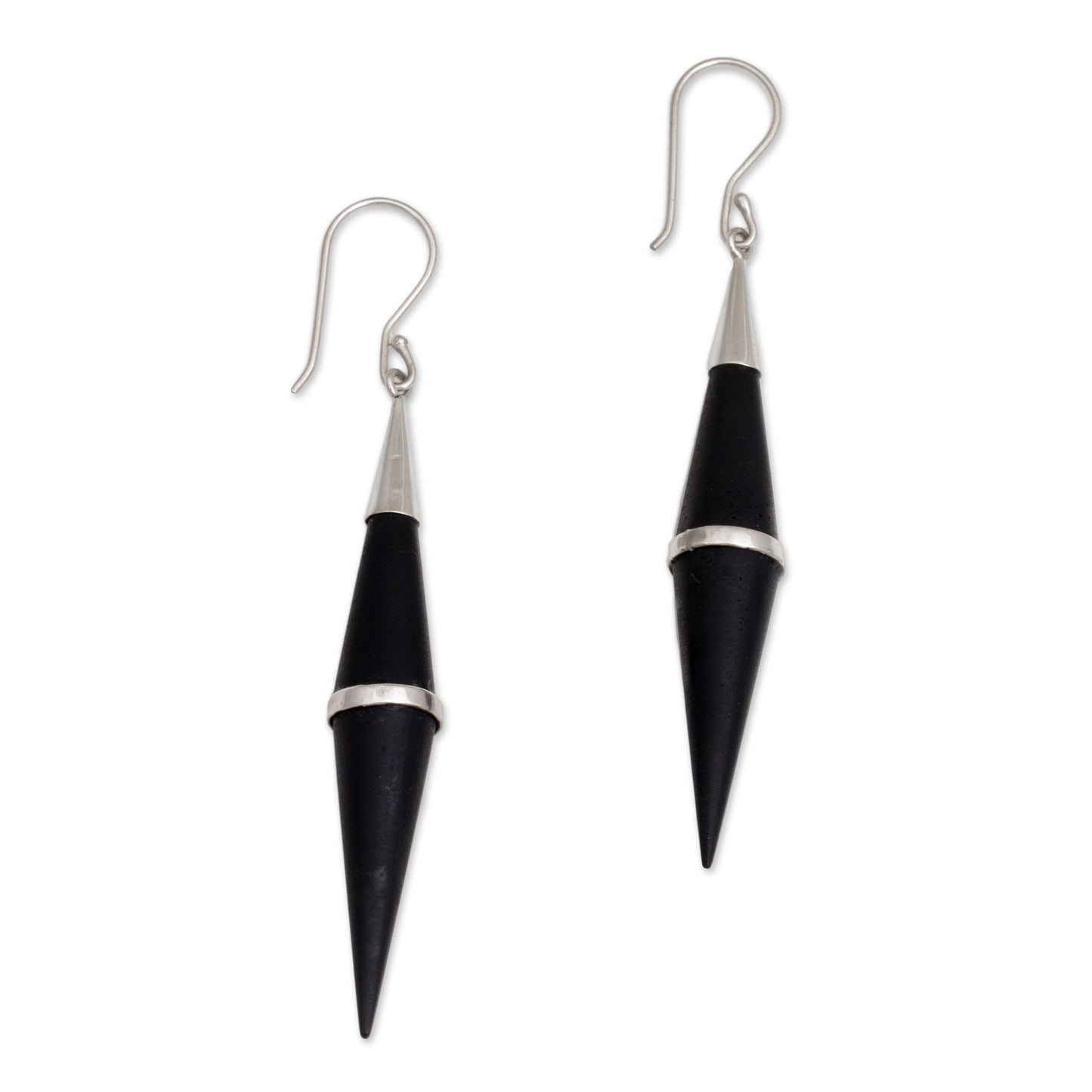 Elegant Cones Sterling Silver and Sono Wood Cone-Shaped Dangle Earrings