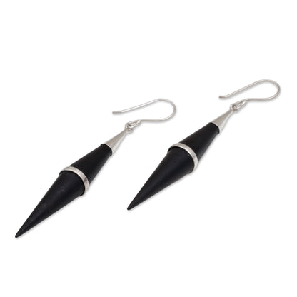 Elegant Cones Sterling Silver and Sono Wood Cone-Shaped Dangle Earrings