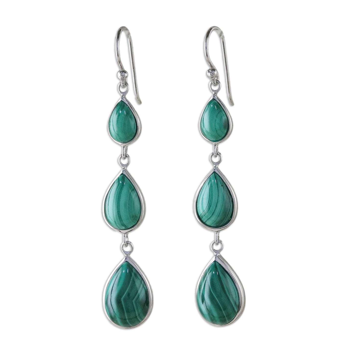 Salt Water Drops Silver and Malachite Dangle Earrings from Thailand