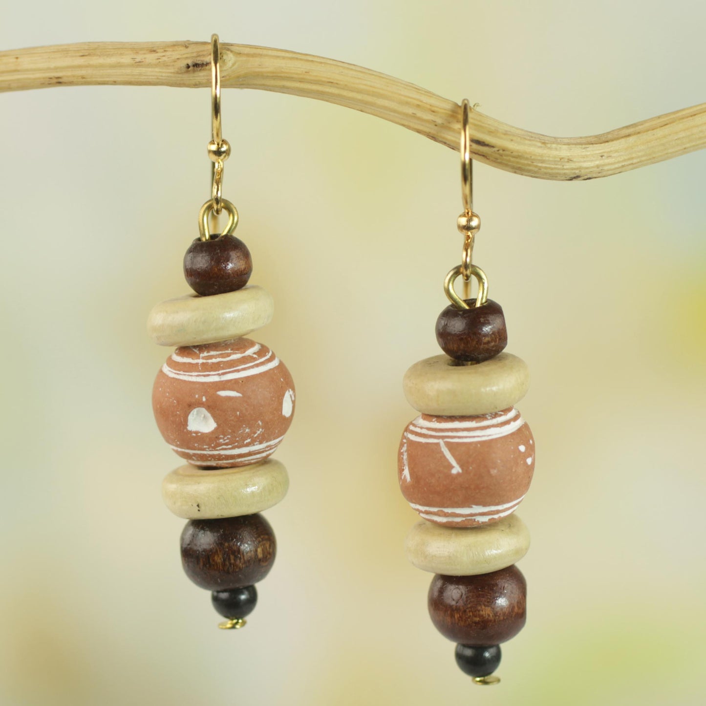 Sweet Beads Sese Wood and Ceramic Dangle Earrings from Ghana