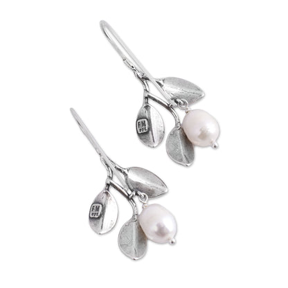 Iridescent Pears Dangle Earrings with Cultured Pearls and 925 Silver Leaves