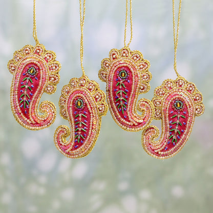 Brilliant Paisleys Set of Four Beaded Paisley Ornaments from India