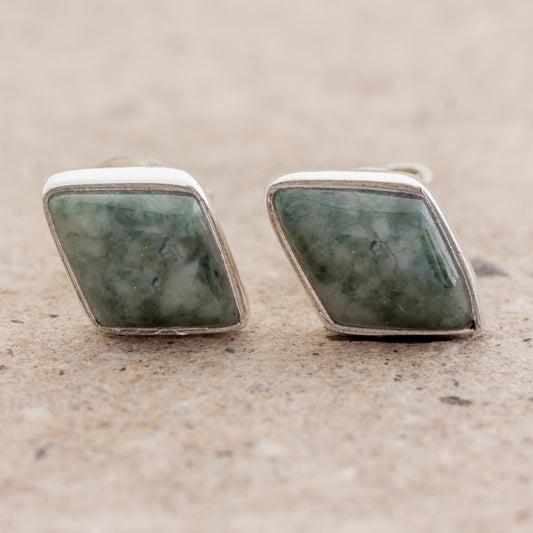 Mayan Elegance in Green Green Jade and 925 Silver Rhombus Earrings from Guatemala