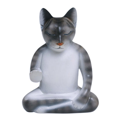 Nirvana Kitty Wood Meditating Cat Sculpture in Grey and White from Bali