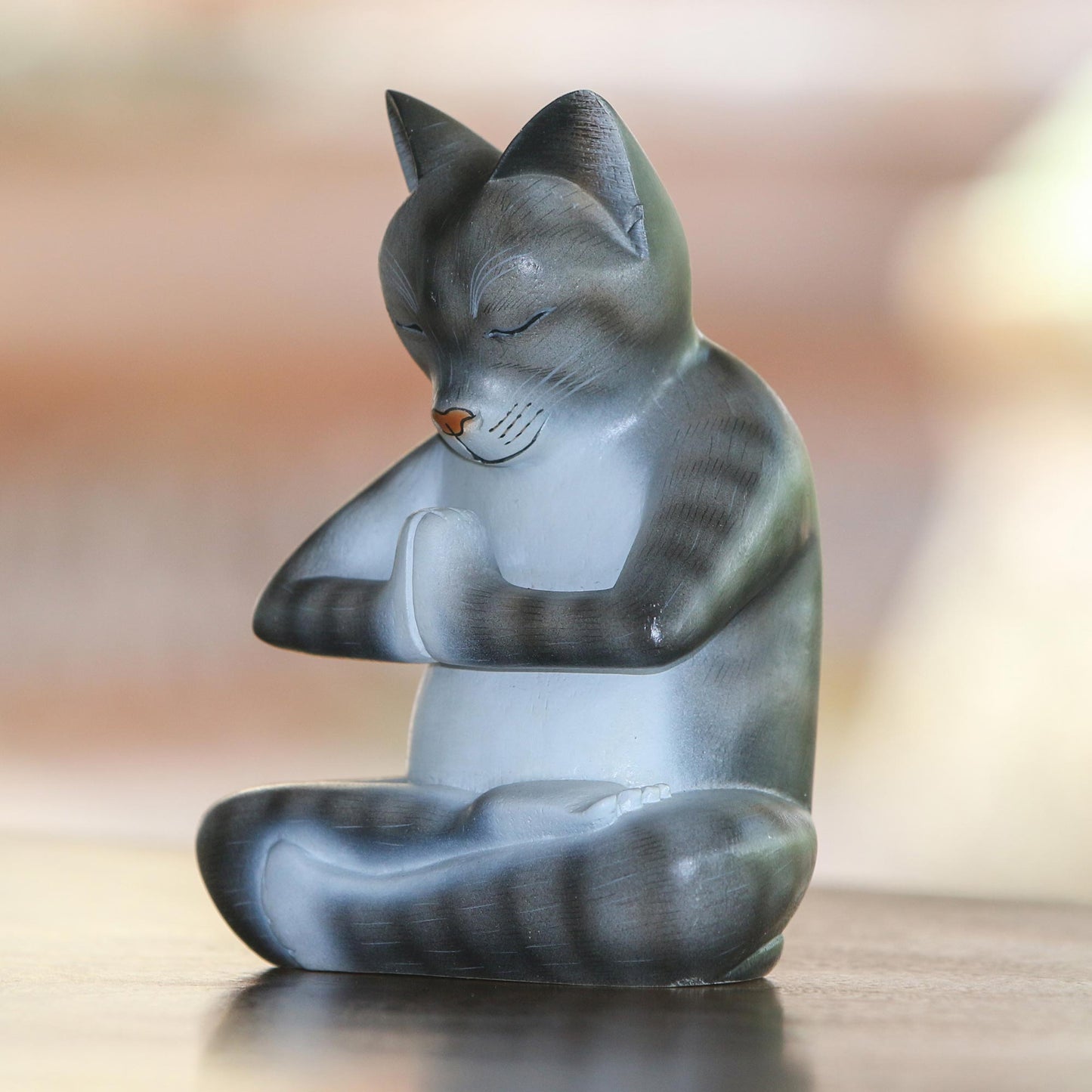 Meditating Kitty in Grey Wood Meditating Cat Sculpture in Grey and White from Bali
