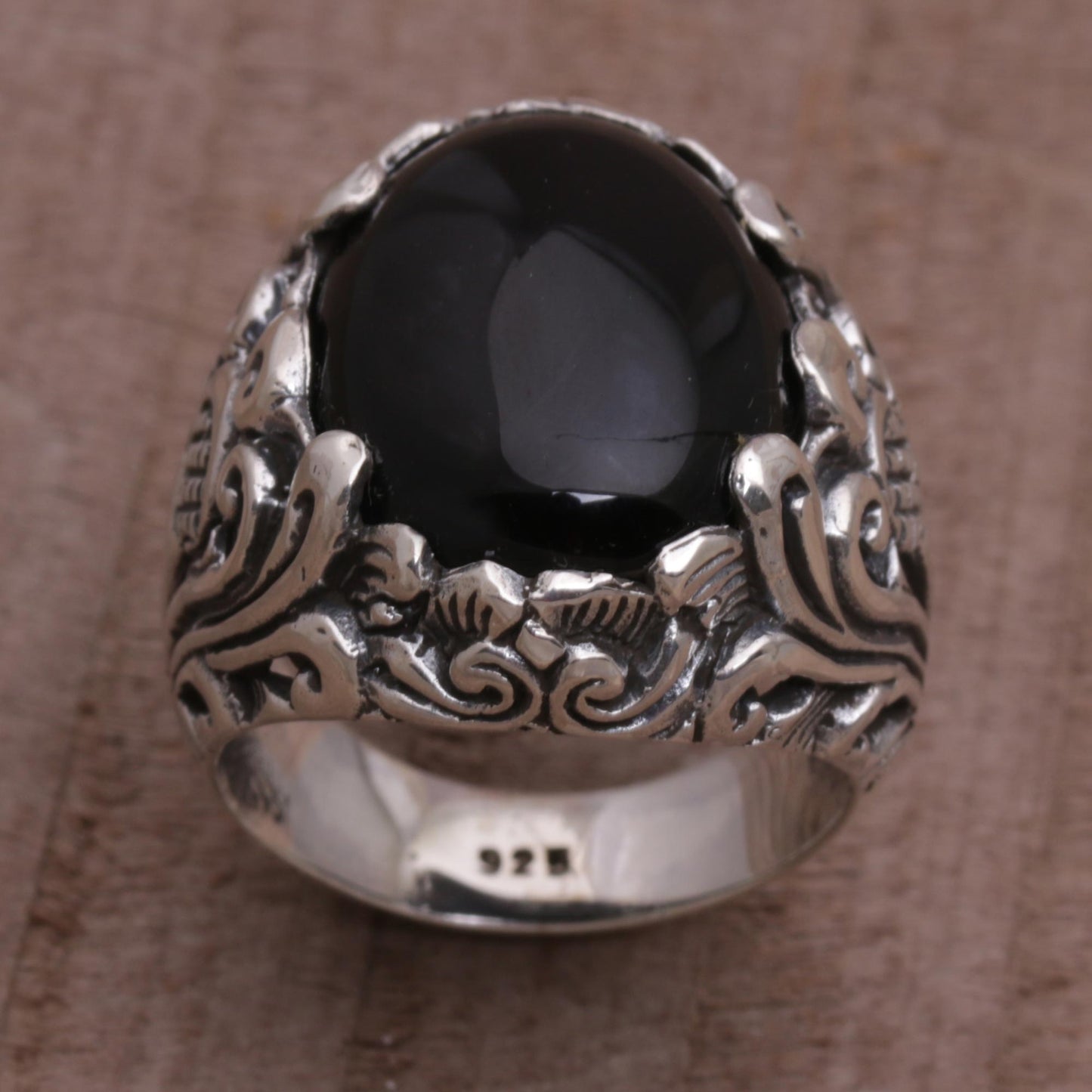 Night Bloom Black Onyx Silver Floral Cocktail Ring
