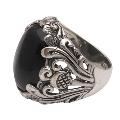 Night Bloom Black Onyx Silver Floral Cocktail Ring