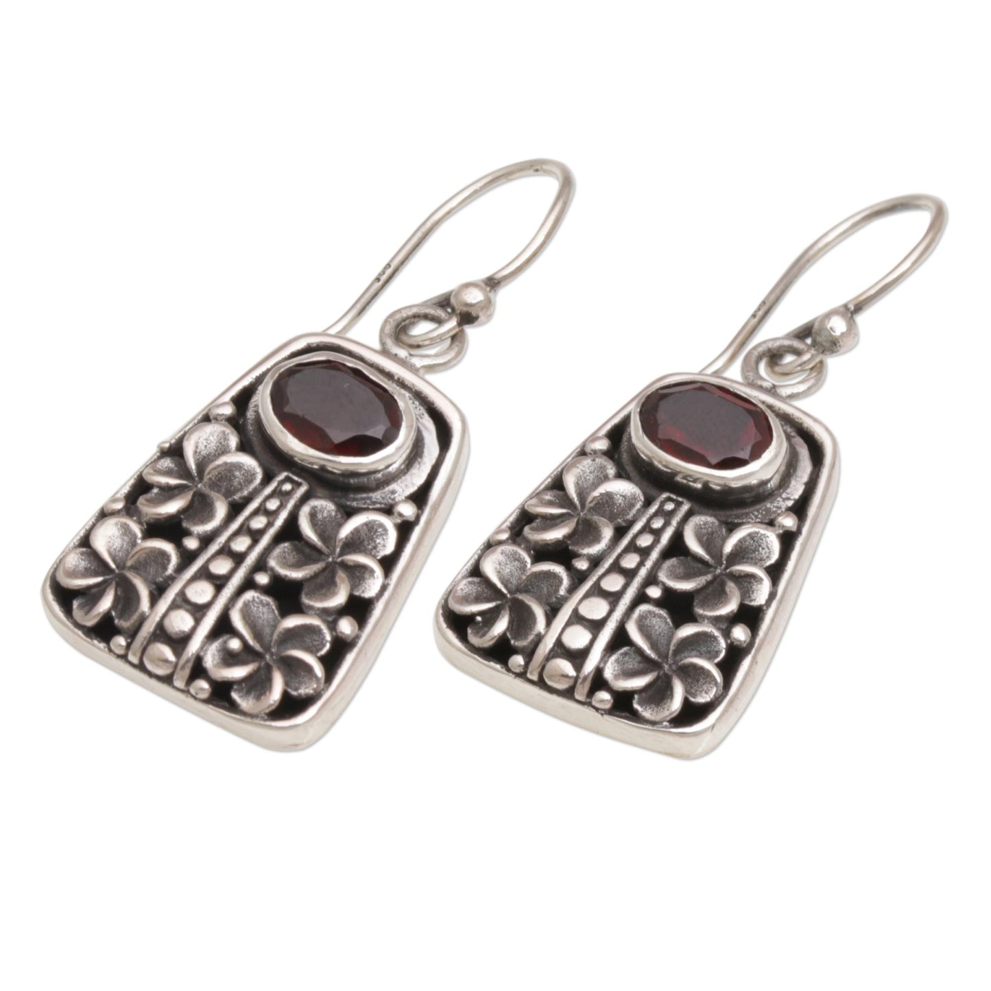 Jepun Pura Garnet and Sterling Silver Floral Dangle Earrings from Bali