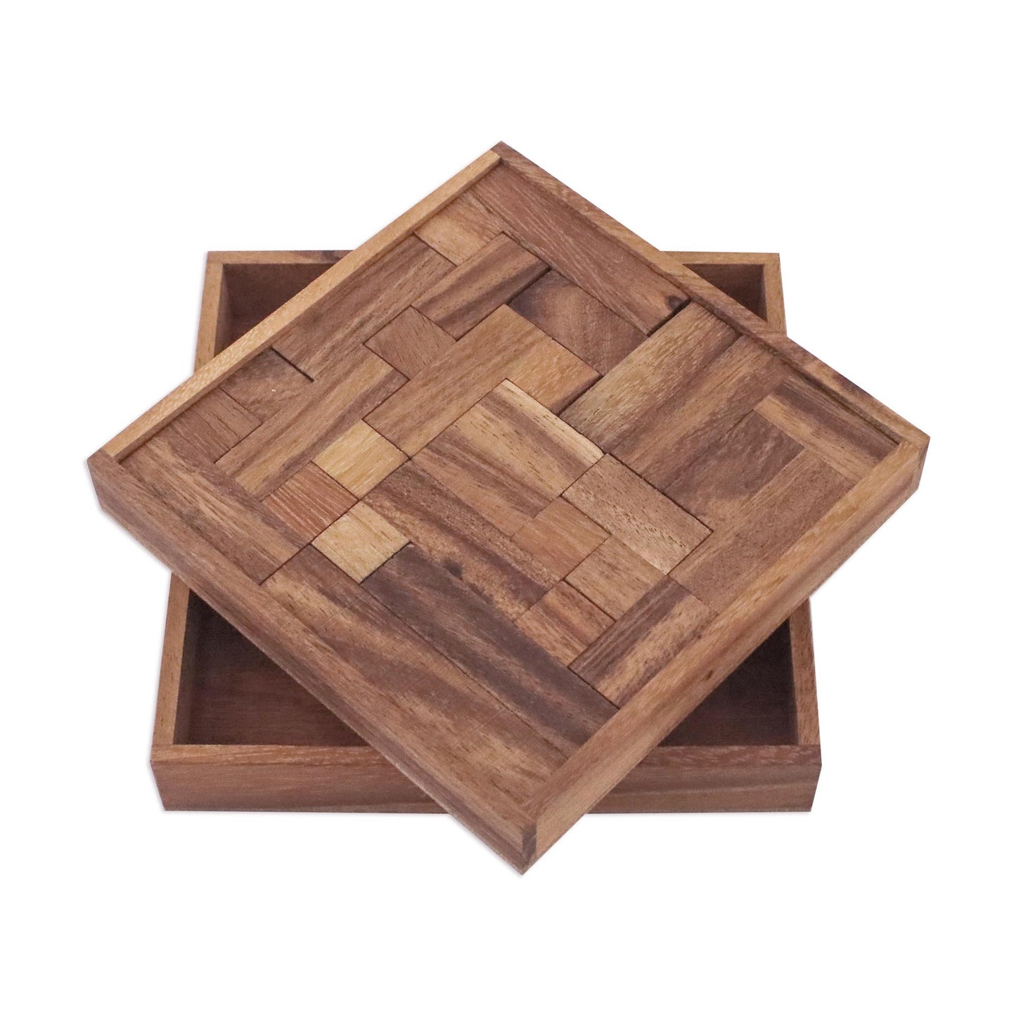 Geometry Game Handcrafted Square Wood Geometric Puzzle from Thailand