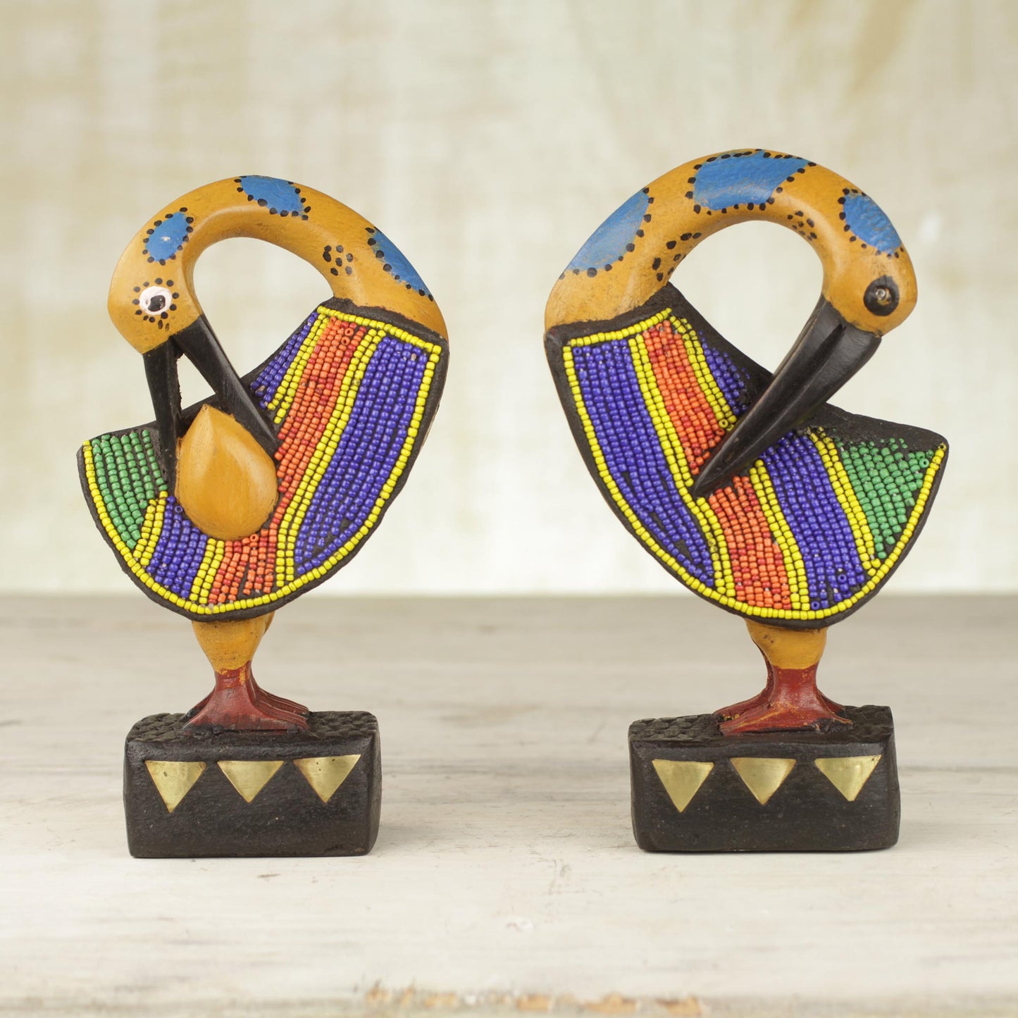 Colorful Sankofa Two Wood and Recycled Glass Adinkra Sankofa Bird Sculptures