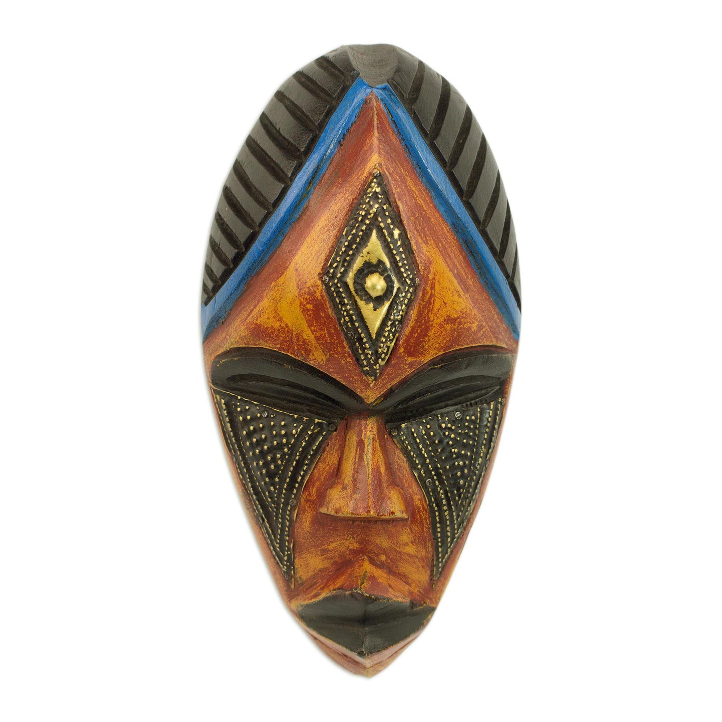 Jabu Hand Carved African Sese Wood Mask with Brass Plate