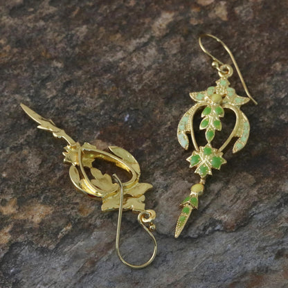 Proud Beauty in Green Gold Plated Brass Earrings in Green from Thailand