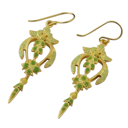 Proud Beauty in Green Gold Plated Brass Earrings in Green from Thailand