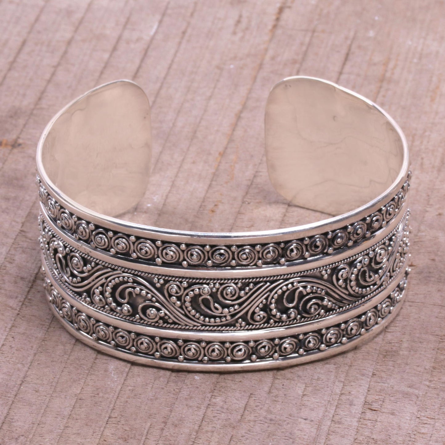 Dotted Temple Dot Motif Sterling Silver Cuff Bracelet from Bali