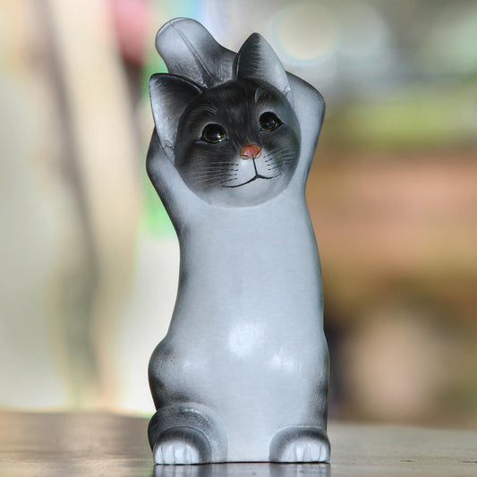 Skyward Paws Whimsical Wood Cat Sculpture in Grey and White from Bali