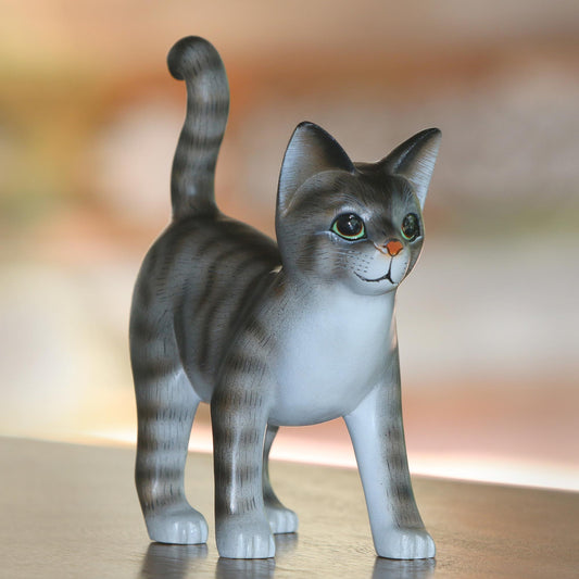 Curious Kitten Standing Wood Cat Sculpture in Grey and White from Bali