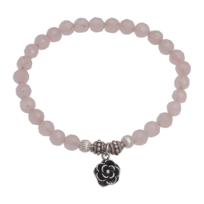 Still Rose Rose Quartz and Flower Charm Beaded Bracelet from Bali