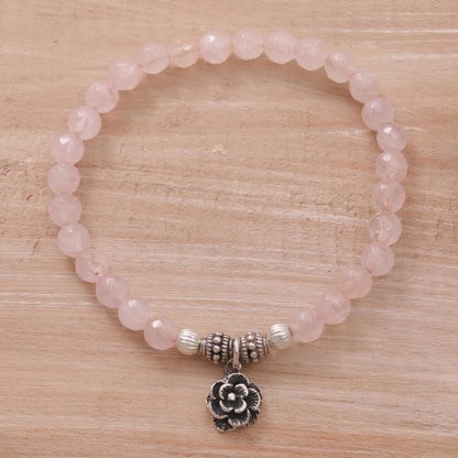 Still Rose Rose Quartz and Flower Charm Beaded Bracelet from Bali