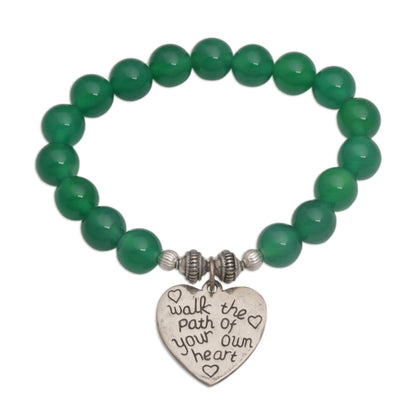 Path of Love Green Agate and Heart Charm Beaded Bracelet from Bali