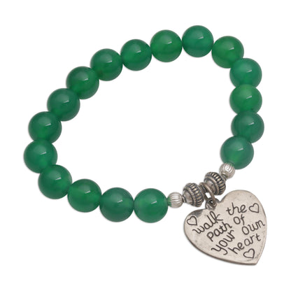 Path of Love Green Agate and Heart Charm Beaded Bracelet from Bali