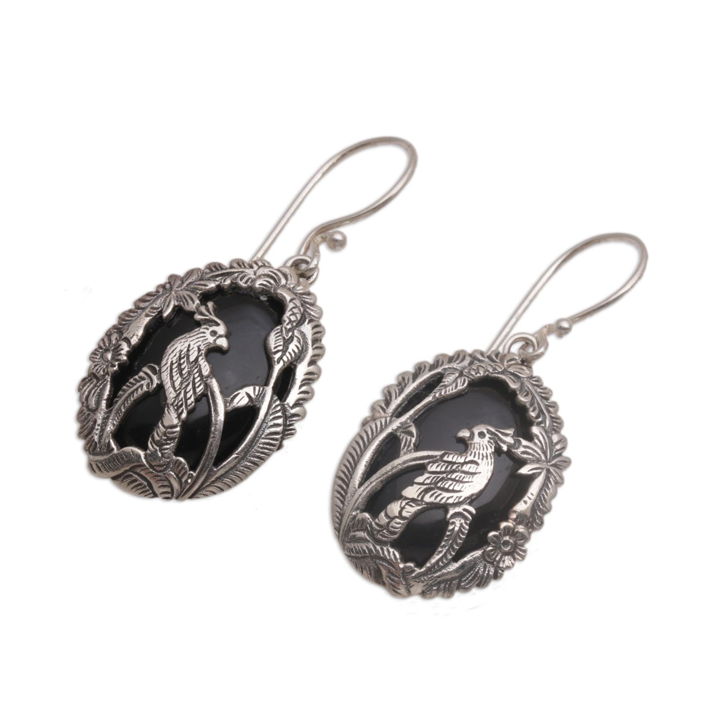 Cockatoo Garden Onyx and Sterling Silver Cockatoo Dangle Earrings from Bali