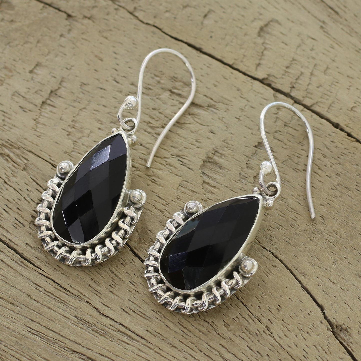 Magical Night Handmade Onyx and Sterling Silver Dangle Earrings from India