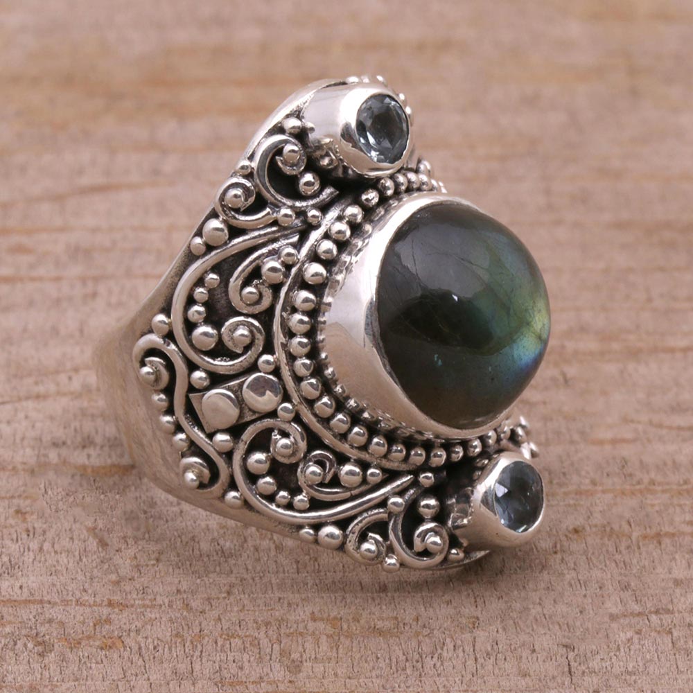 Beguiling Soul Labradorite and Blue Topaz Cocktail Ring from Bali