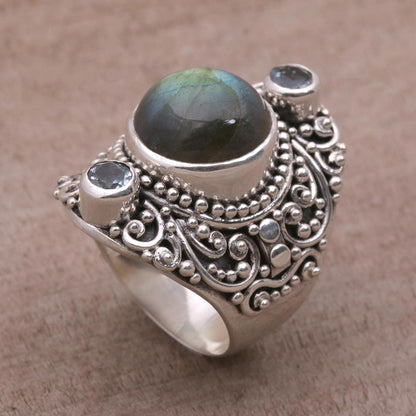 Beguiling Soul Labradorite and Blue Topaz Cocktail Ring from Bali