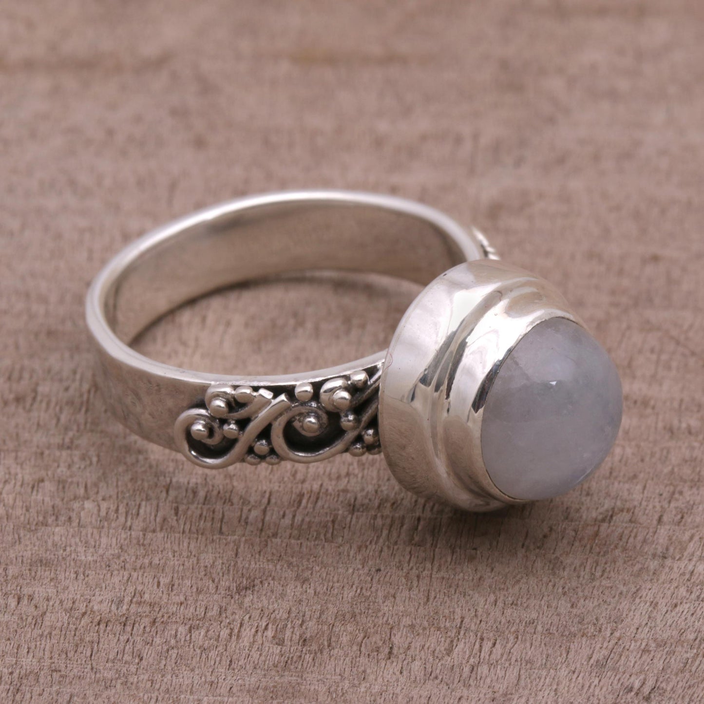 Translucent Forest Rainbow Moonstone and Sterling Silver Ring from Bali