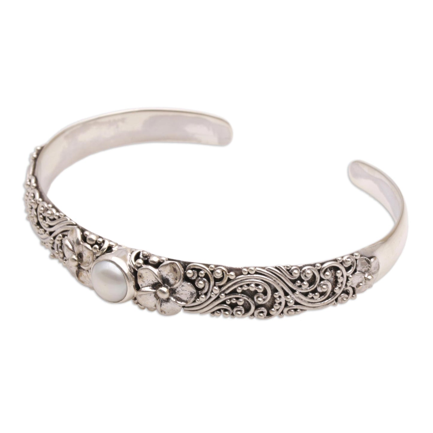 Swirling Jepun Cultured Pearl and 925 Silver Floral Cuff Bracelet from Bali