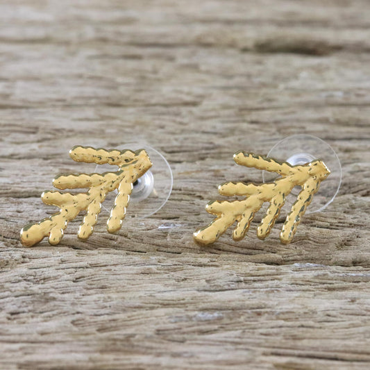 Natural Needles Gold Plated Natural Cypress Leaf Button Earrings