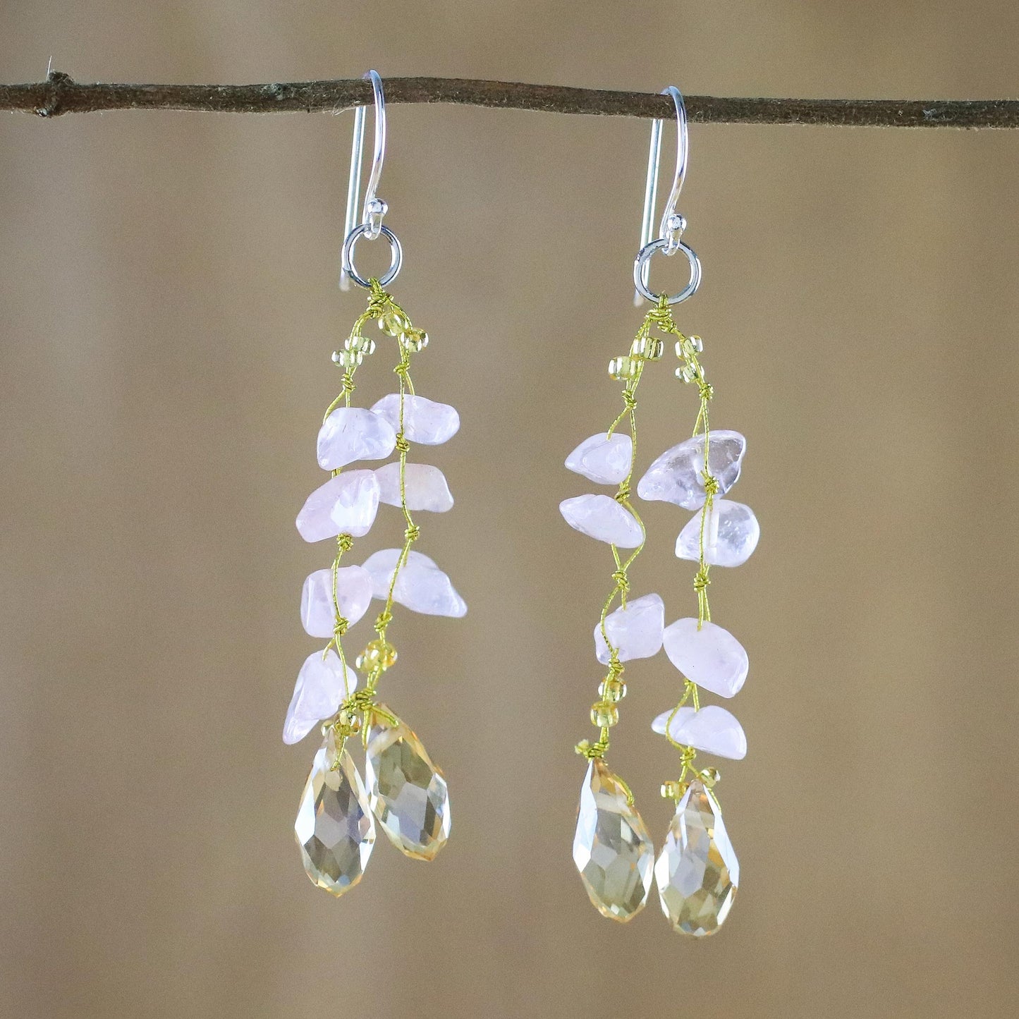 Crystalline Drops Rose Quartz and Glass Bead Dangle Earrings from Thailand