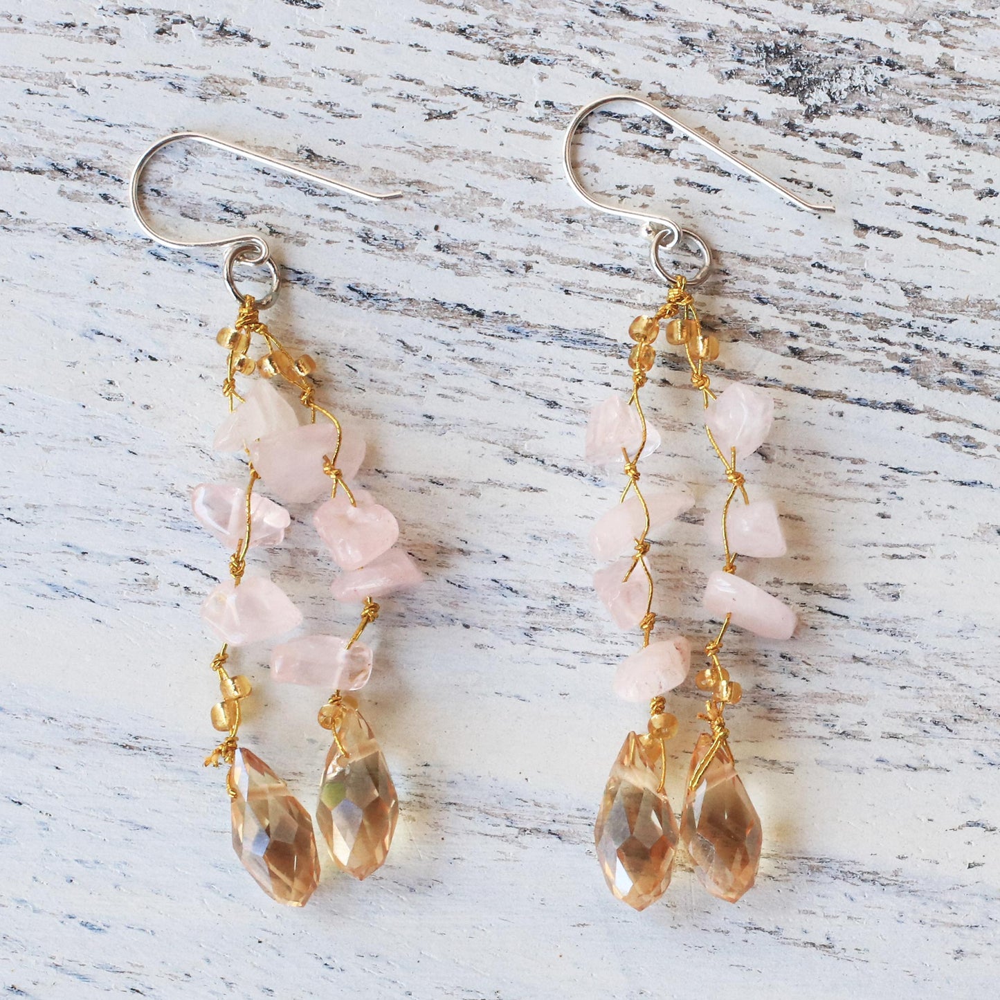 Crystalline Drops Rose Quartz and Glass Bead Dangle Earrings from Thailand