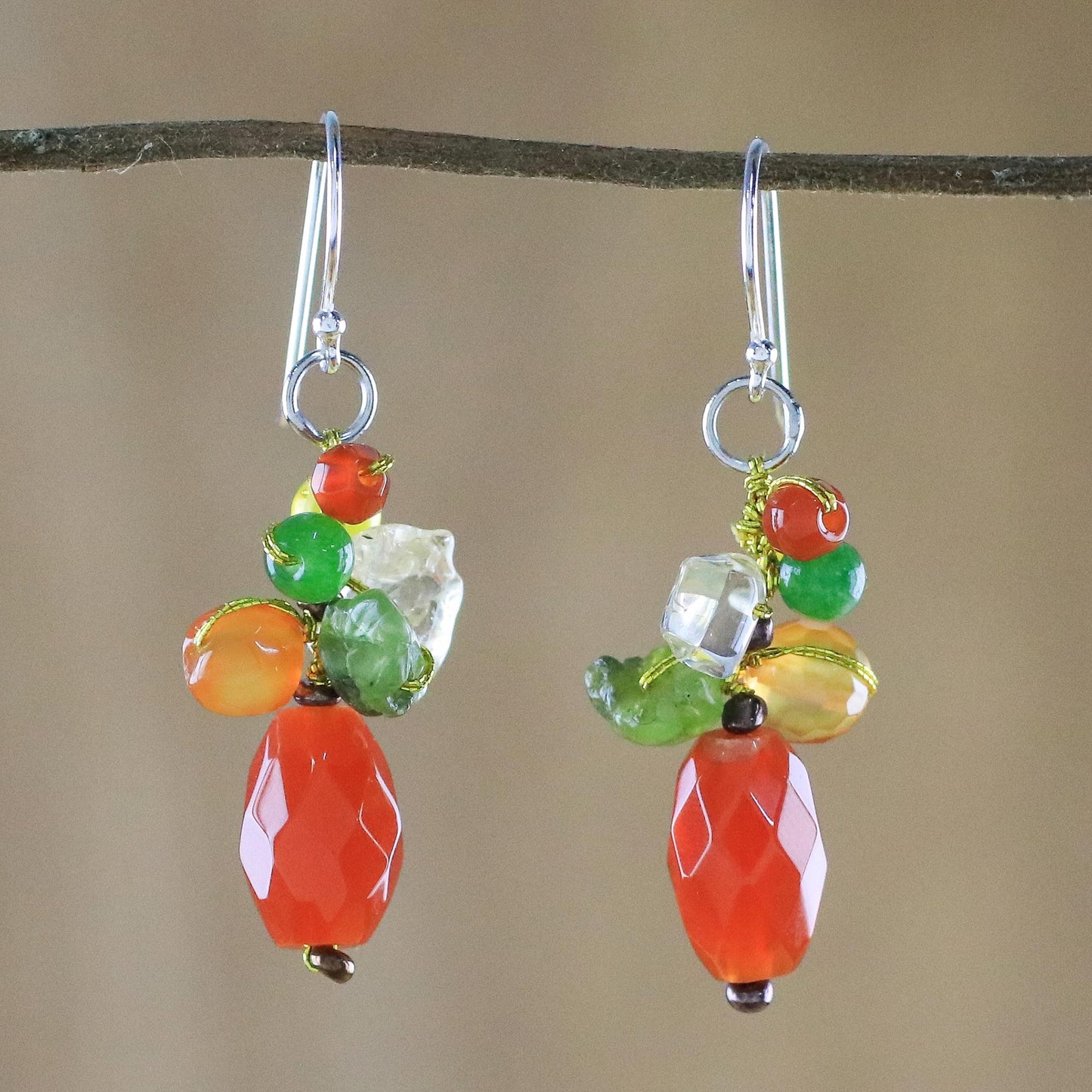 Wistful Memory Carnelian Multi-Gemstone Dangle Earrings from Thailand