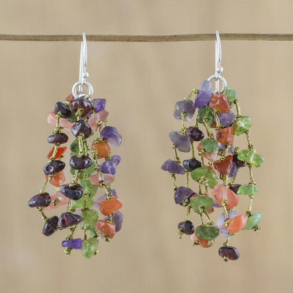 Shades of Jubilance Handmade Multi-Gemstone and Silk Earrings from Thailand