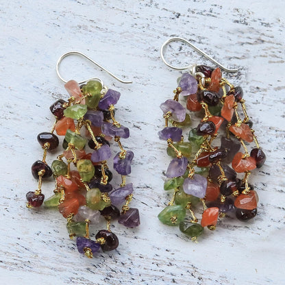 Shades of Jubilance Handmade Multi-Gemstone and Silk Earrings from Thailand