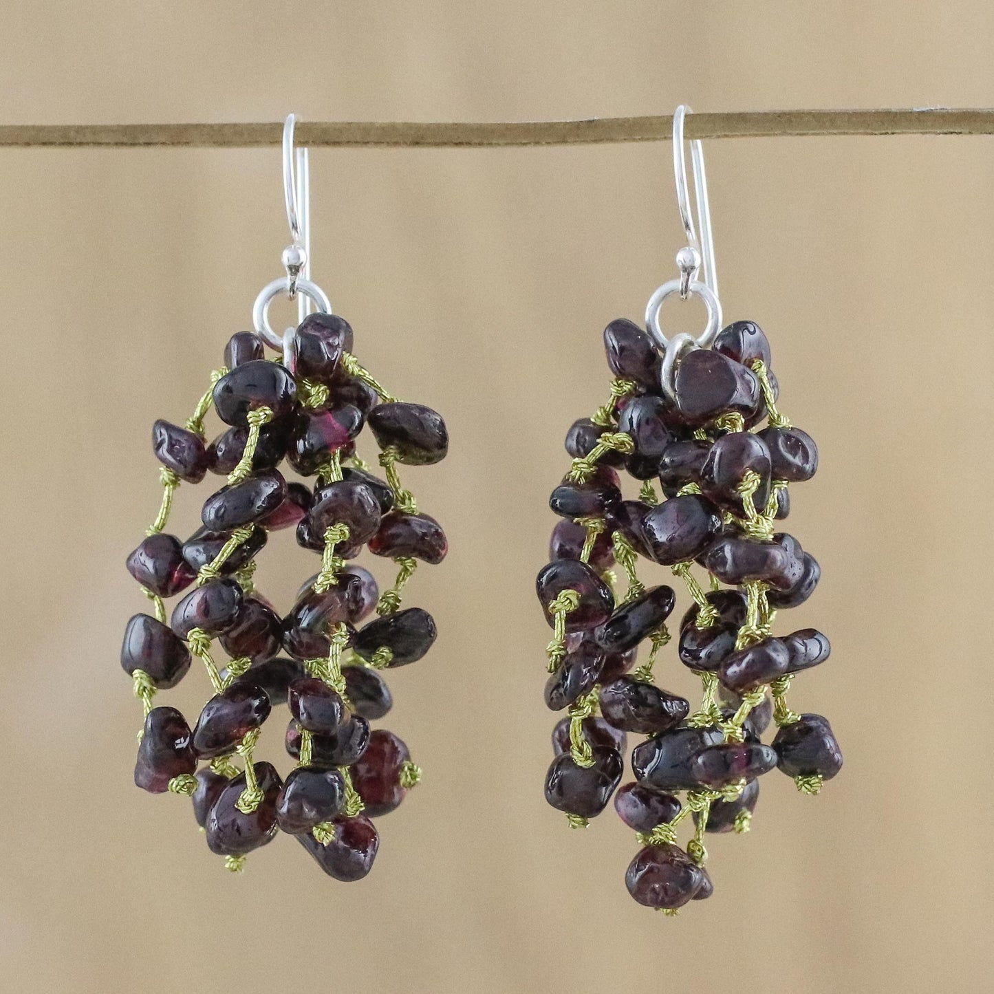 Endless Rain Garnet and Silk Waterfall Earrings from Thailand